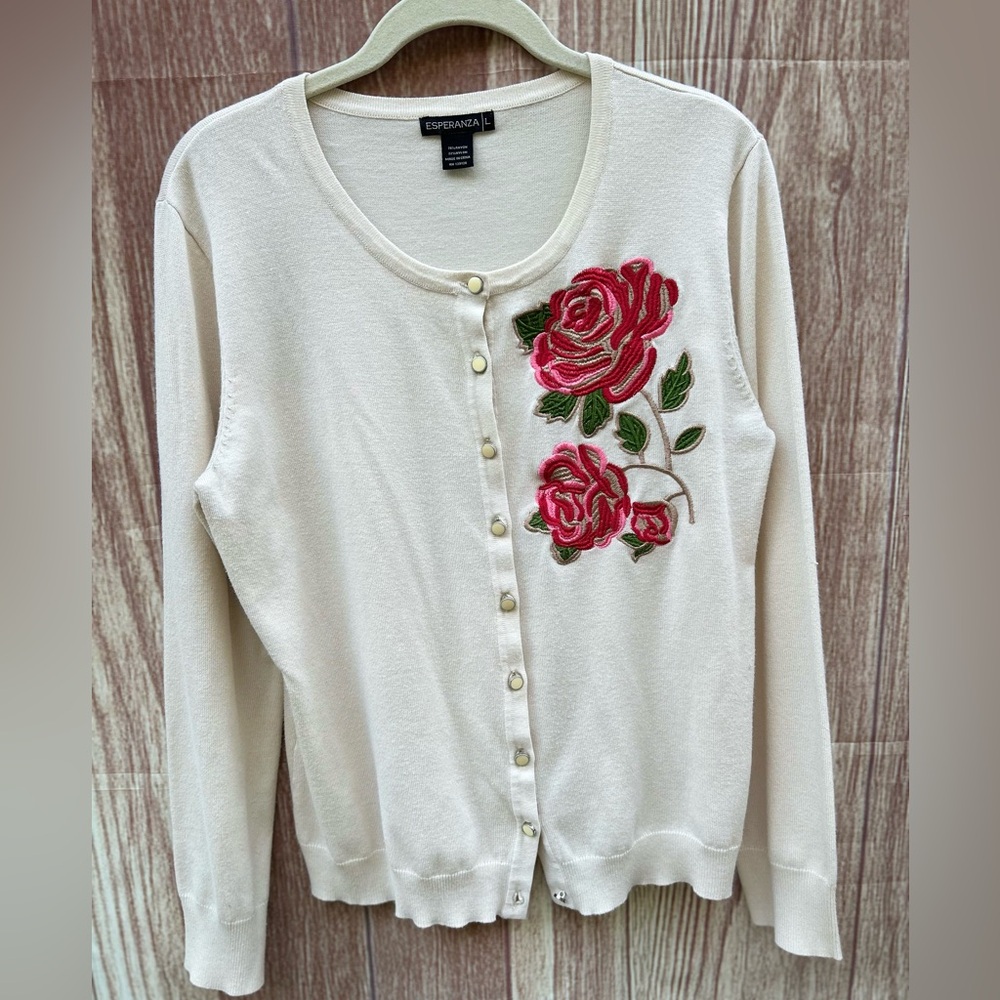VTG Esperanza size L floral embroidered cream cardigan sweater cottagecore Y2K